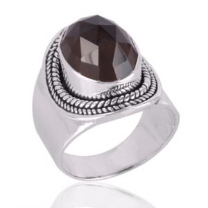 Elegant sterling silver ring with faceted smoky quartz gemstone and intricate detailing main view