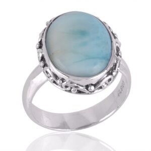 Genuine Larimar sterling silver ring with intricate filigree details, boho statement jewelry main view