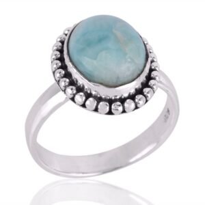 Handcrafted sterling silver Larimar ring with a beaded frame and ocean-inspired blue gemstone main view