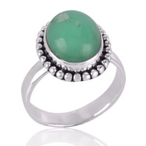 Elegant sterling silver chrysoprase ring with intricate detailing and vibrant green gemstone main view