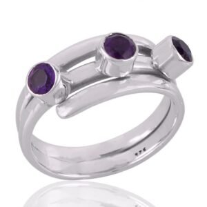 Sterling silver amethyst adjustable ring with triple gemstone setting for a modern look main view