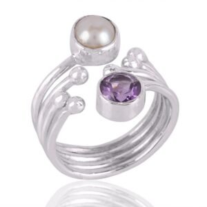 Handcrafted Amethyst & Pearl Sterling Silver Ring with adjustable design and unique detailing main view