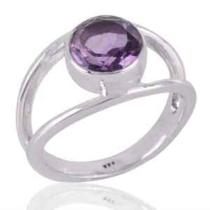 Elegant sterling silver amethyst ring with minimalist open-frame design and round-cut gemstone main view