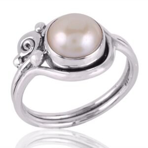 Elegant sterling silver pearl ring with vintage-inspired swirl design and lustrous white pearl main view