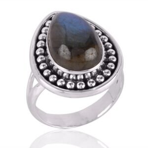 Labradorite sterling silver statement ring with boho handcrafted detailing main view