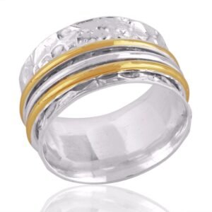 Handcrafted sterling silver spinner ring with gold-plated spinning bands and hammered texture main view