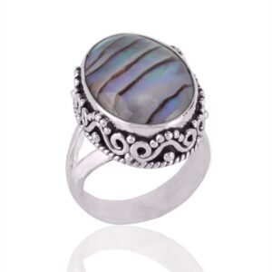 Handcrafted Abalone Shell Sterling Silver Ring with Intricate Detailing – Boho Chic Jewelry main view