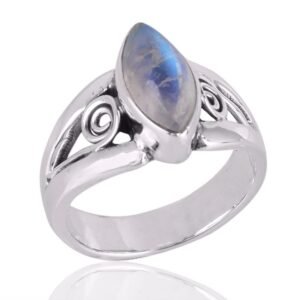 Handcrafted sterling silver Rainbow Moonstone marquise ring with filigree details for boho elegance. main view