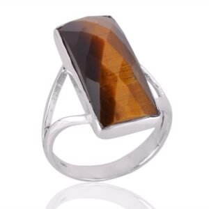 Tiger Eye Sterling Silver Ring with Faceted Rectangular Gemstone – Statement Jewelry main view