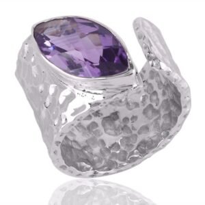 Handcrafted sterling silver amethyst ring with marquise-cut gemstone and hammered wide band design main view