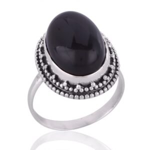 Elegant Black Onyx sterling silver vintage-style cocktail ring with beaded detailing main view