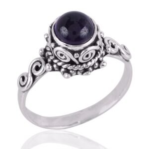 Vintage amethyst sterling silver ring with intricate filigree, boho statement jewelry main view