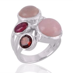 Sterling silver multi-gemstone ring with pink opal, garnet, and tourmaline in a statement design main view