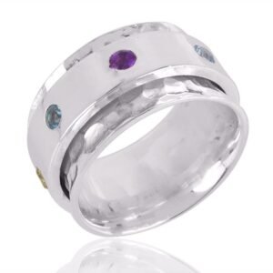 Handcrafted sterling silver spinner ring with amethyst, blue topaz, and citrine gemstones main view