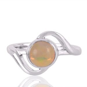 Elegant Ethiopian Opal ring in sterling silver with wave design and bezel-set round fire opal main view