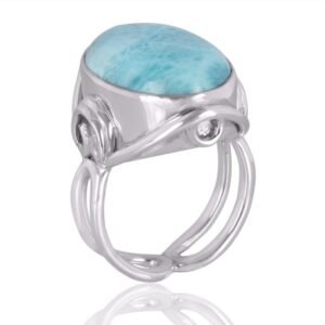 Handcrafted sterling silver Larimar statement ring featuring ocean-blue gemstone and filigree details main view