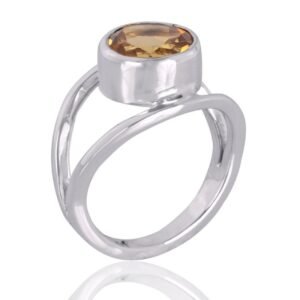 Elegant citrine sterling silver ring with bezel setting in a modern intertwined design main view