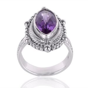 Vintage Bohemian Amethyst Sterling Silver Ring with Marquise-Cut Gemstone main view