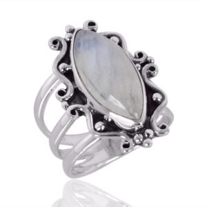 Rainbow Moonstone filigree sterling silver ring with marquise-cut gemstone and vintage detailing main view