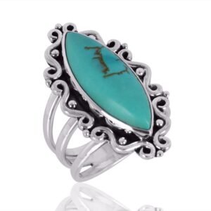 Tibetan Turquoise statement ring with sterling silver vintage filigree setting main view