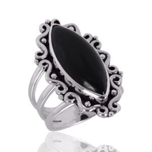 Vintage Black Onyx marquise ring with filigree design in sterling silver main view