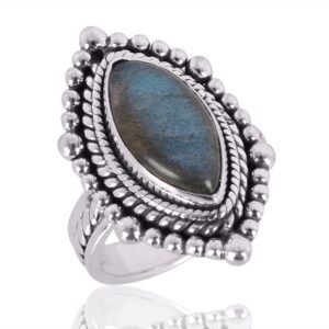 Handcrafted sterling silver labradorite ring with vintage-inspired detailing and marquise-cut gemstone main view